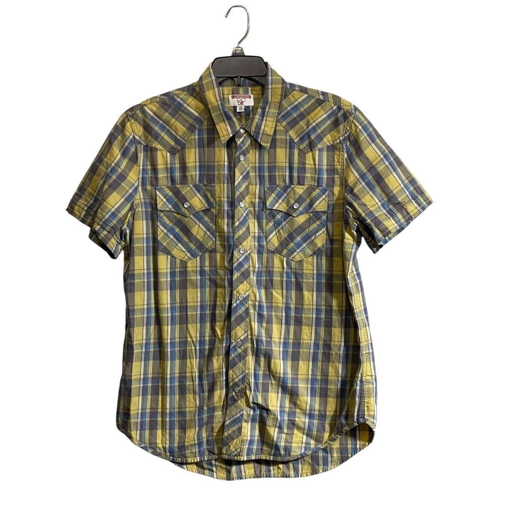 True Religion Shirt Men Large Blue Plaid Pearl Snap Button Embroidered Pockets